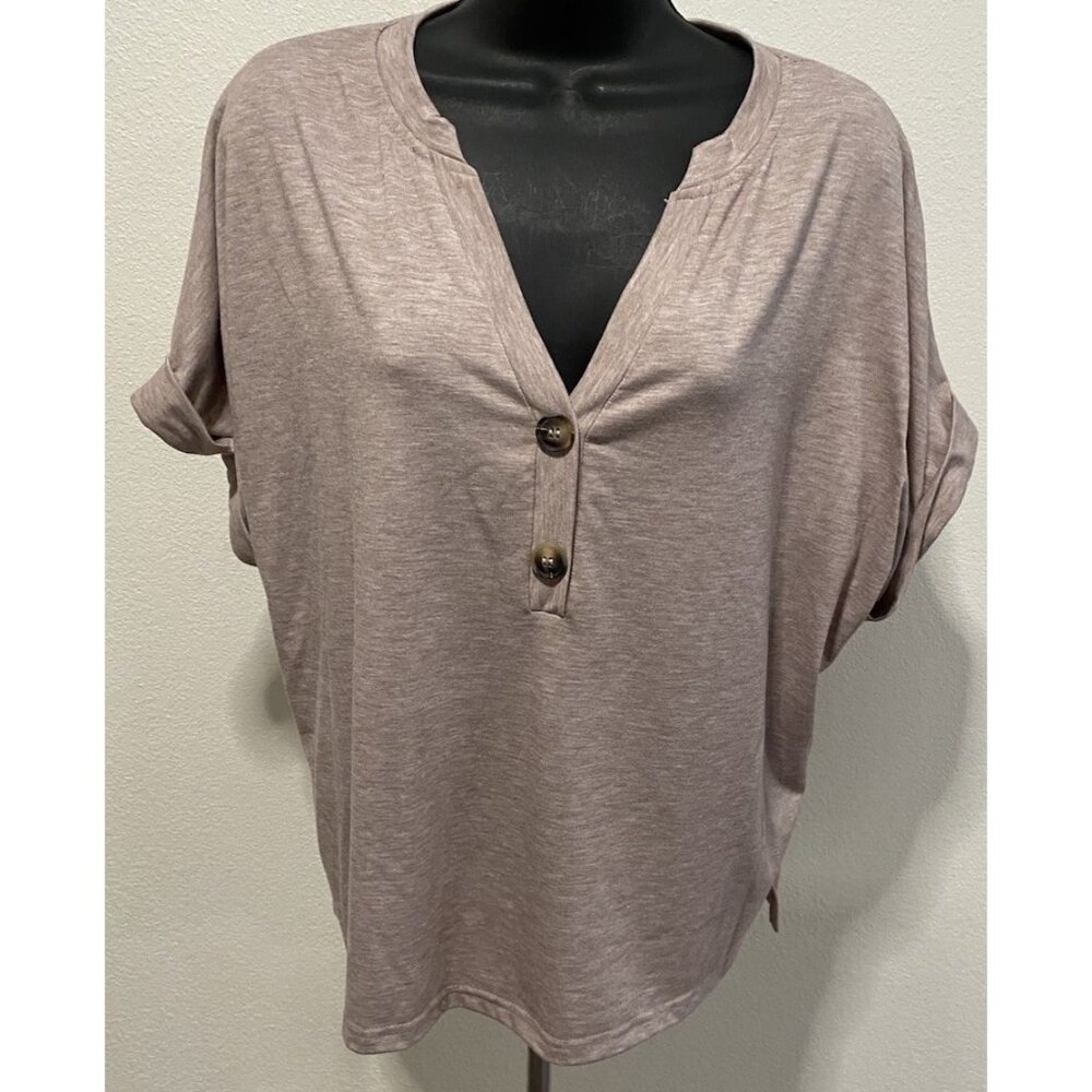 Perout  Womens Size L Top Short Sleeve Cuffed 1/4 Button